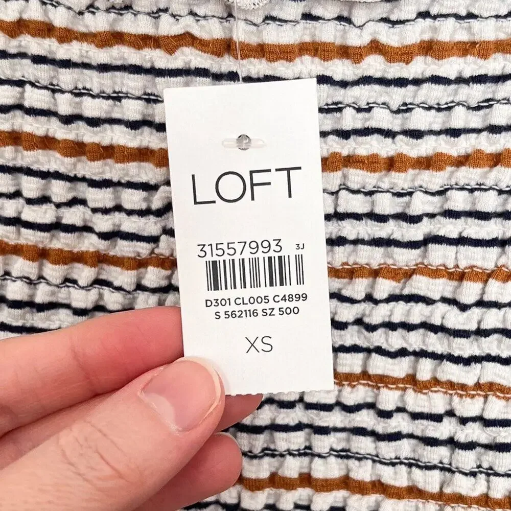 Loft Smocked Top Square Neck Puff Short Sleeves Ruffle Trim Size XS White Multi